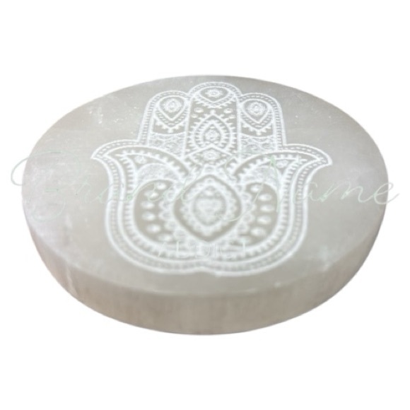 Natural Selenite Satin Spar Hamsa Coaster Charging Decor Plate - Picture 3 of 4